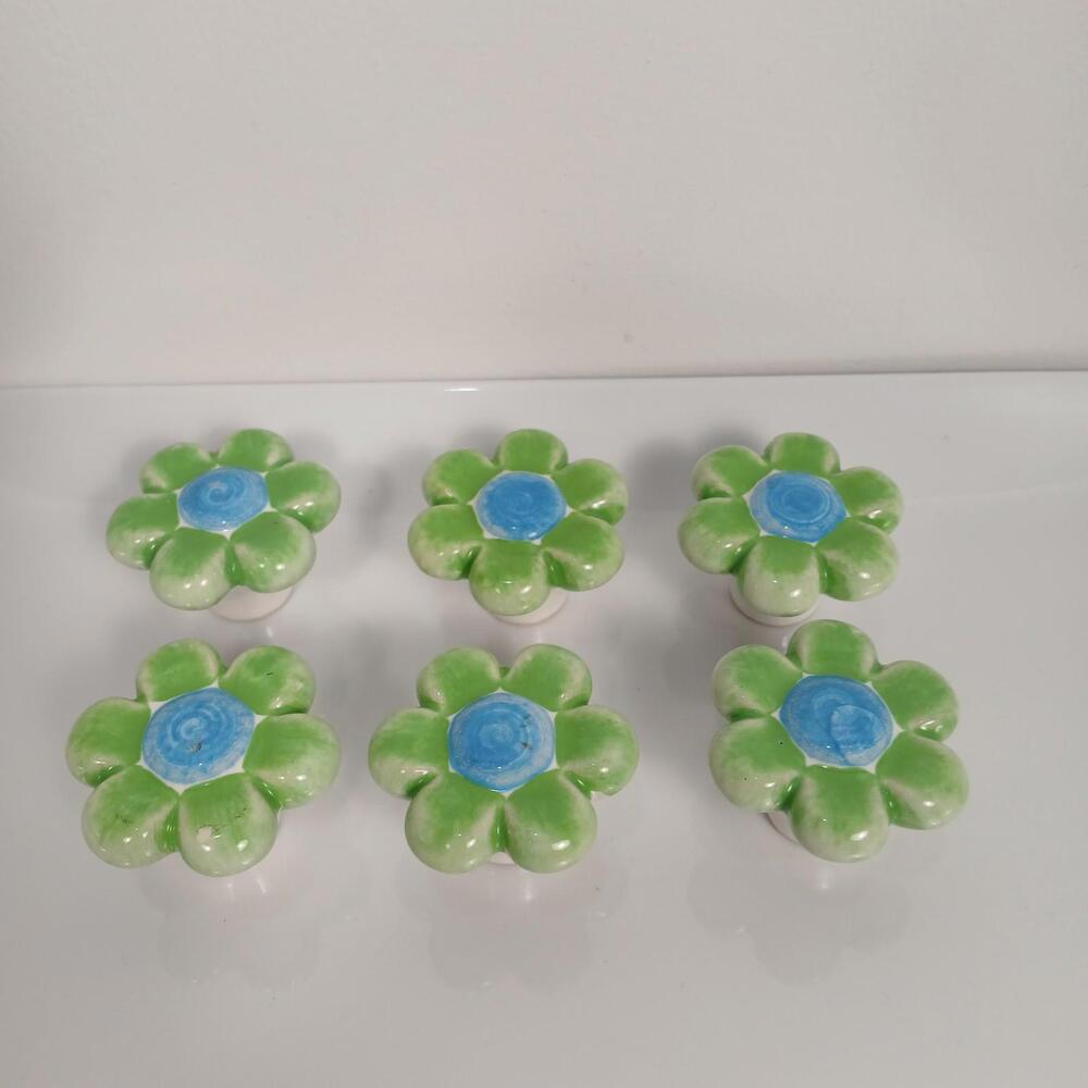 Set of 6 Porcelain Flower Drawer Knobs Green Blue Cabinet Pulls 1" No Screws